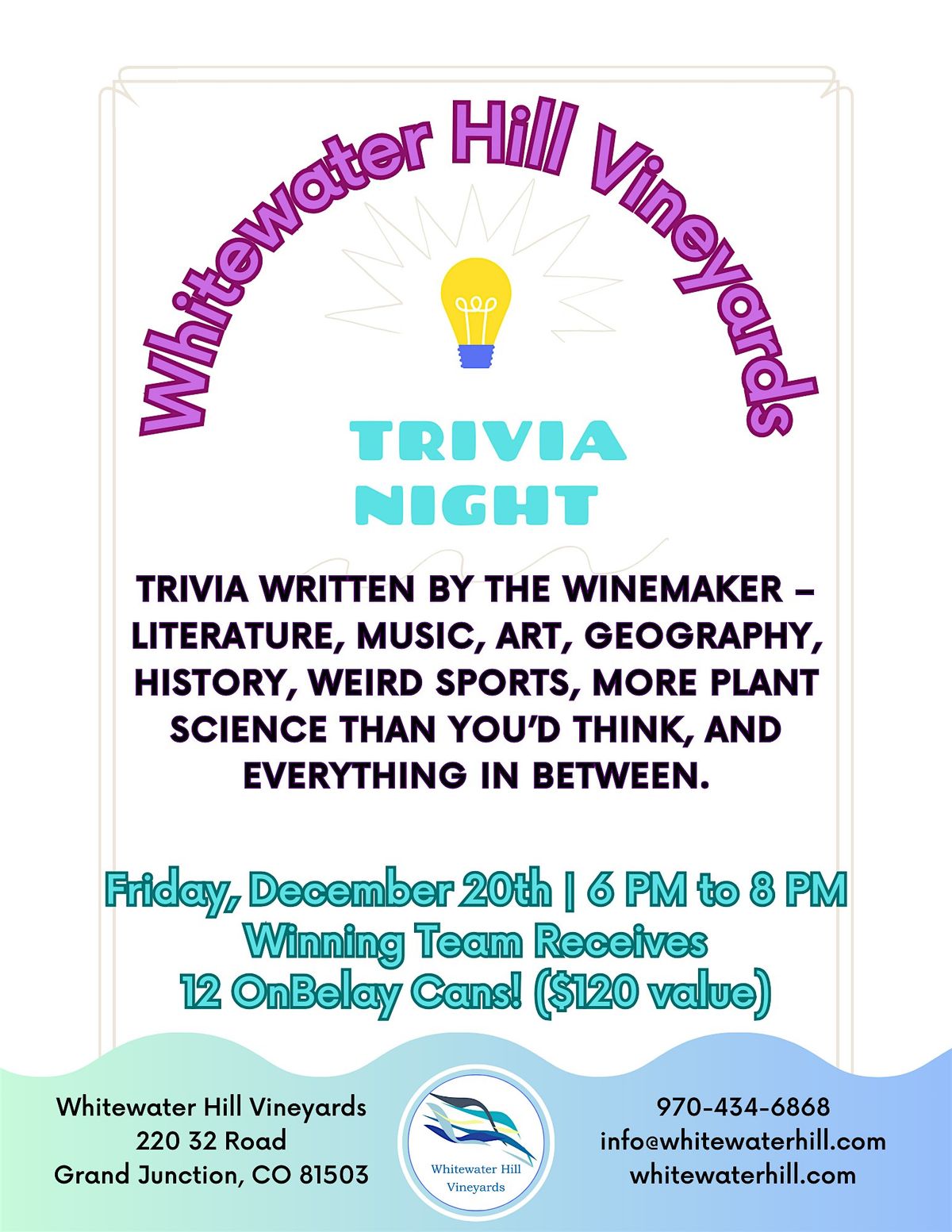 December 2024 Trivia @ Whitewater Hill Vineyards