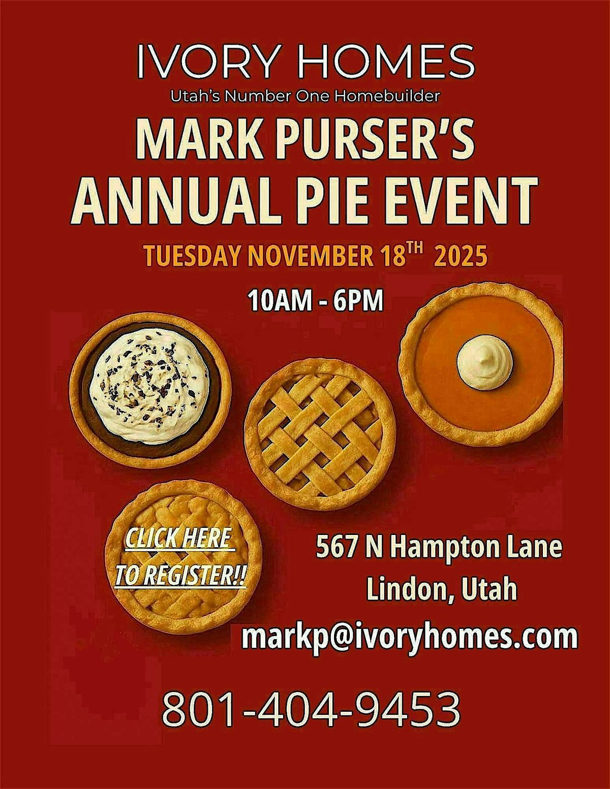 Mark Purser Ivory Homes, FREE PIE EVENT at Anderson Farms, Lindon
