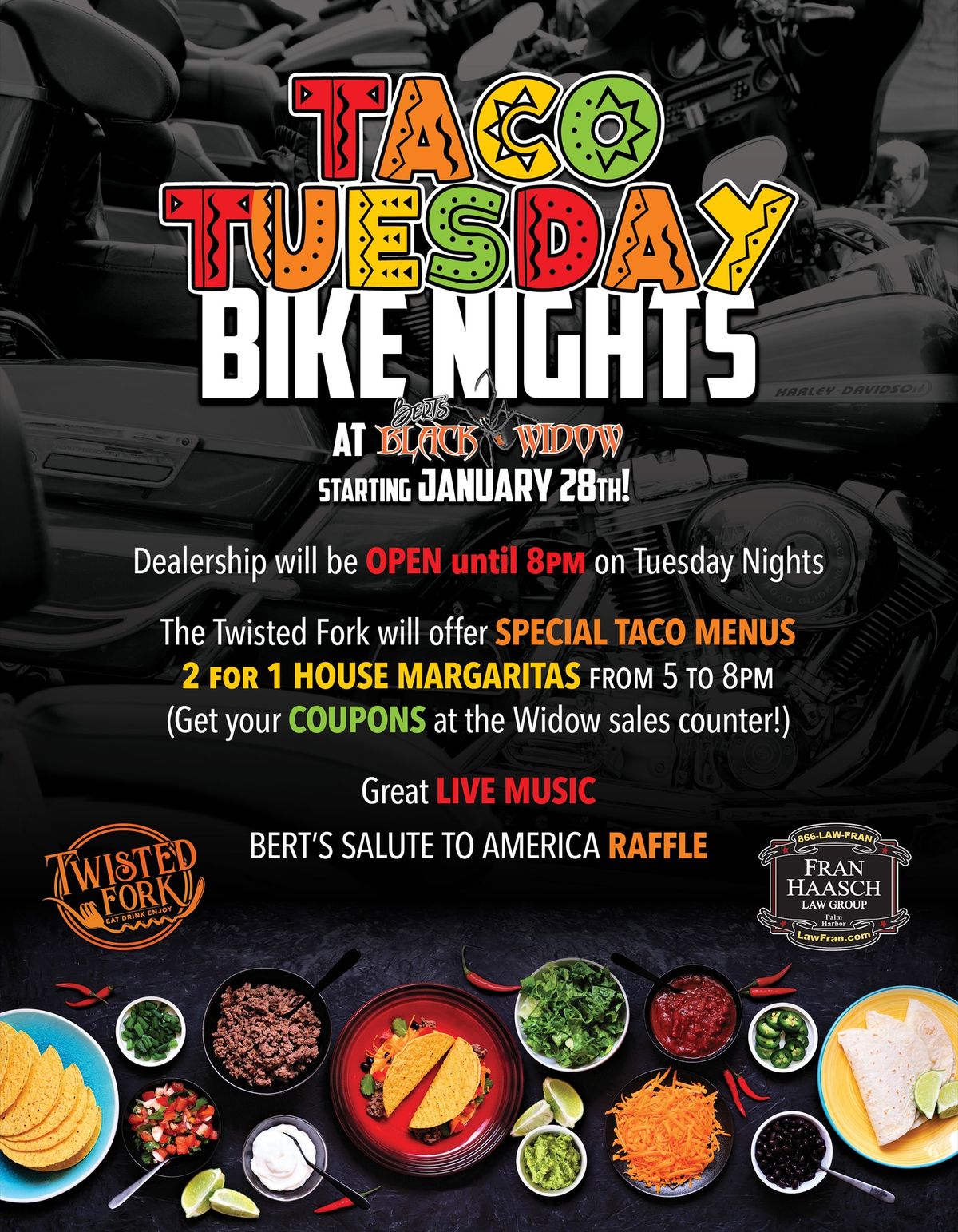 Taco Tuesday Bike Night at the Widow & the Fork!