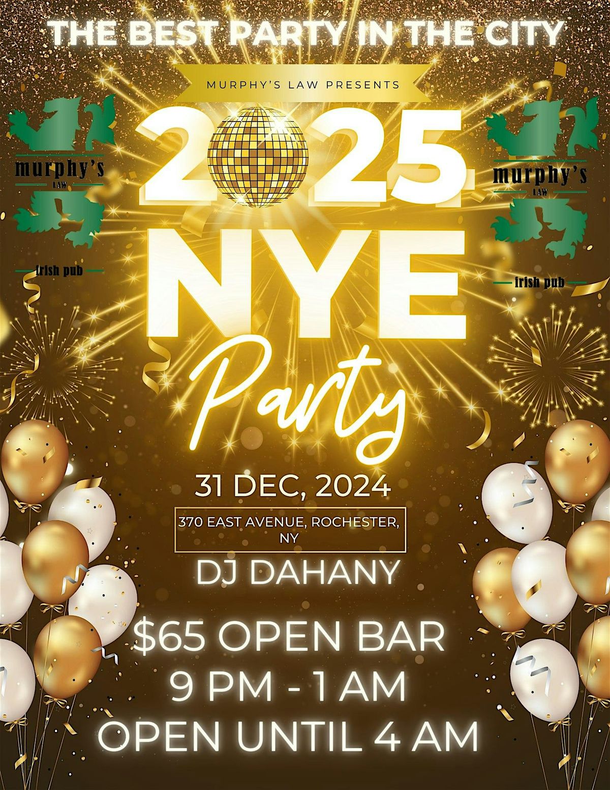 BEST NEW YEARS PARTY IN THE CITY IS AT MURPHY'S LAW - $65 OPEN BAR PACKAGE!