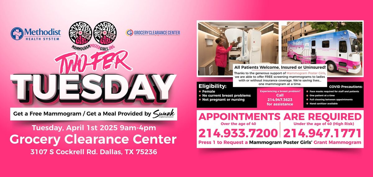 FREE MAMMOGRAMS! APRIL 1, 2025 (no fooling) Two-Fer Tuesday hosted by the Grocery Clearance Center