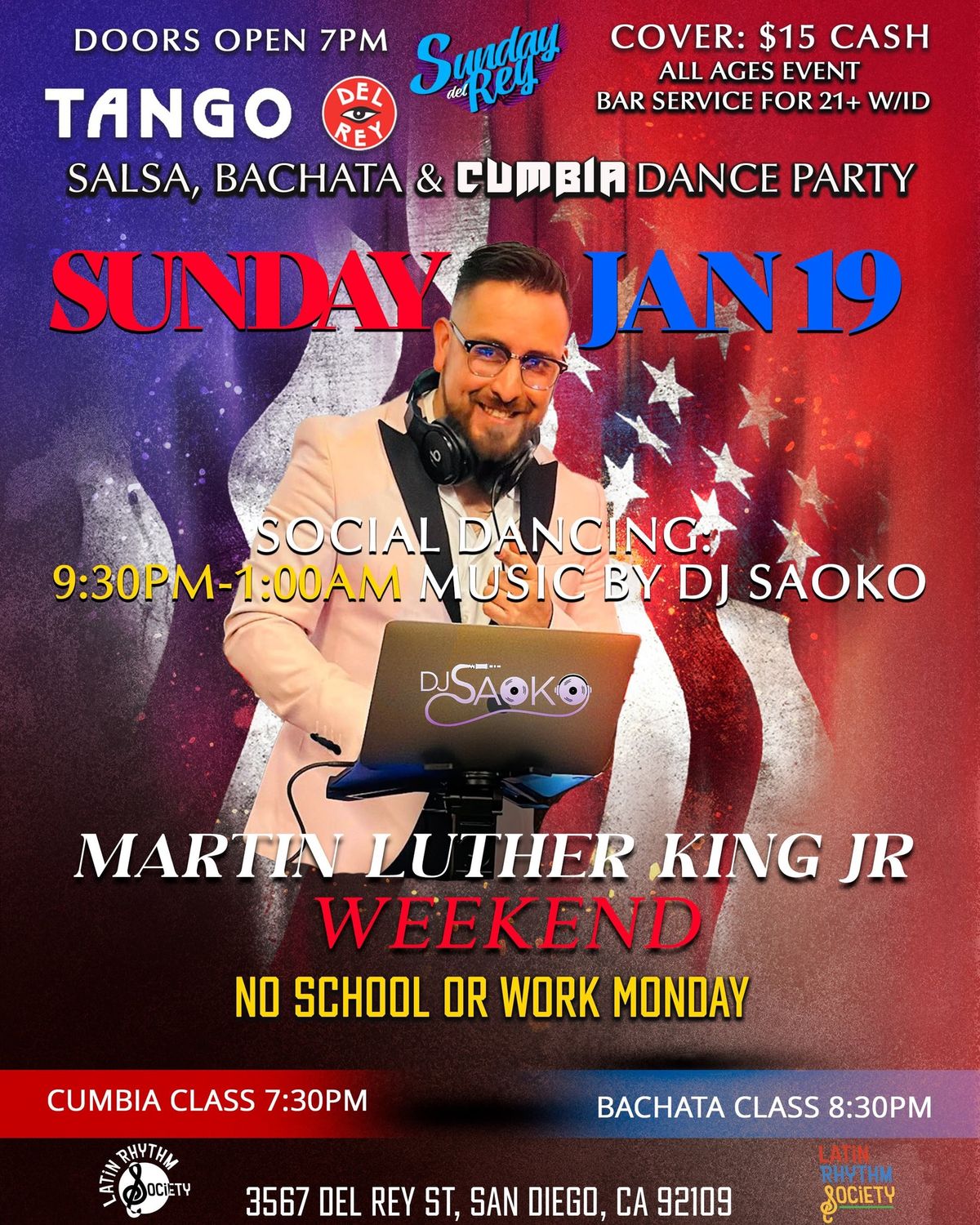 SUNDAY DEL REY SALSA BACHATA & CUMBIA DANCE PARTY SUNDAY JAN 19