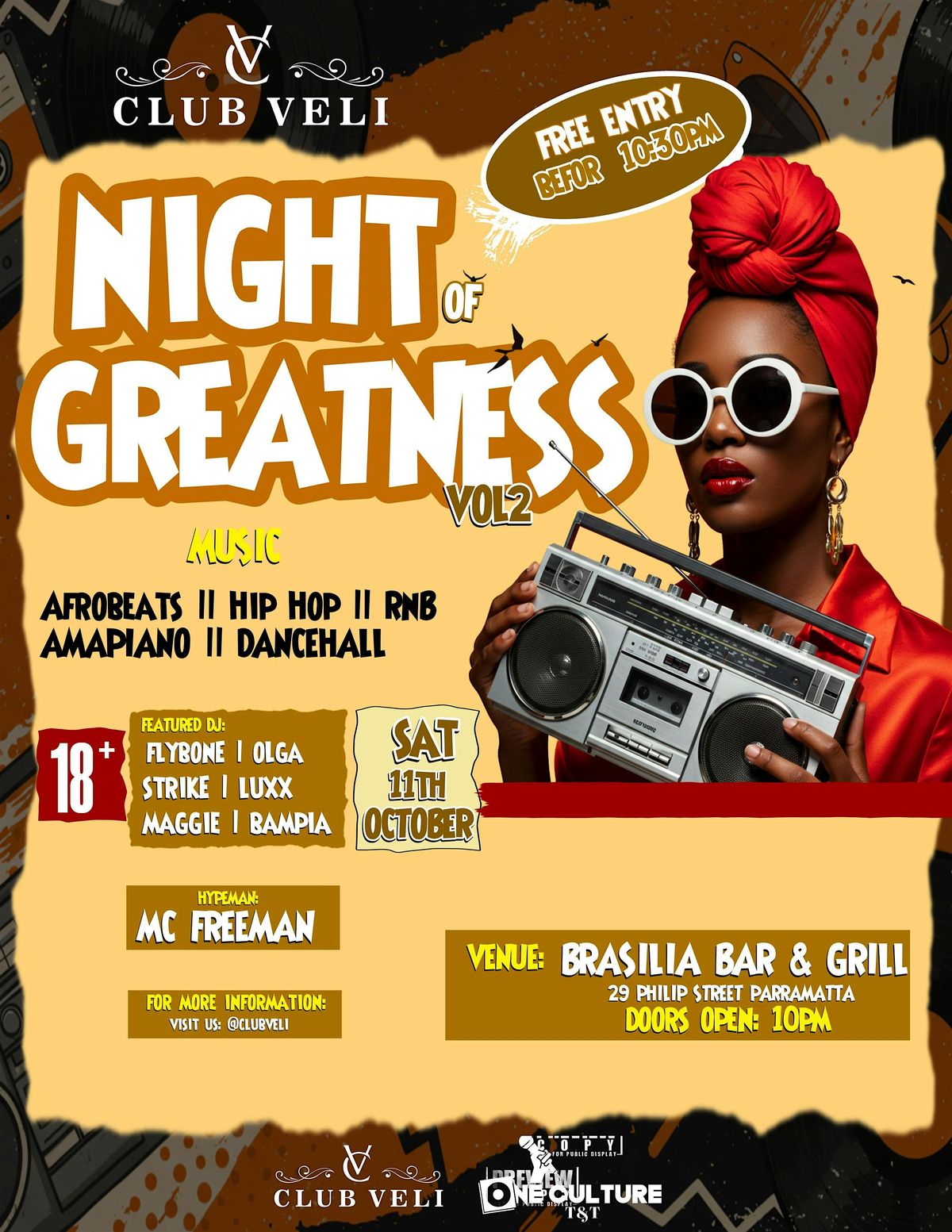 CLUB VELI - NIGHT OF GREATNIESS VOL 2 - SATURDAY - SAT 11 OCTOBER!