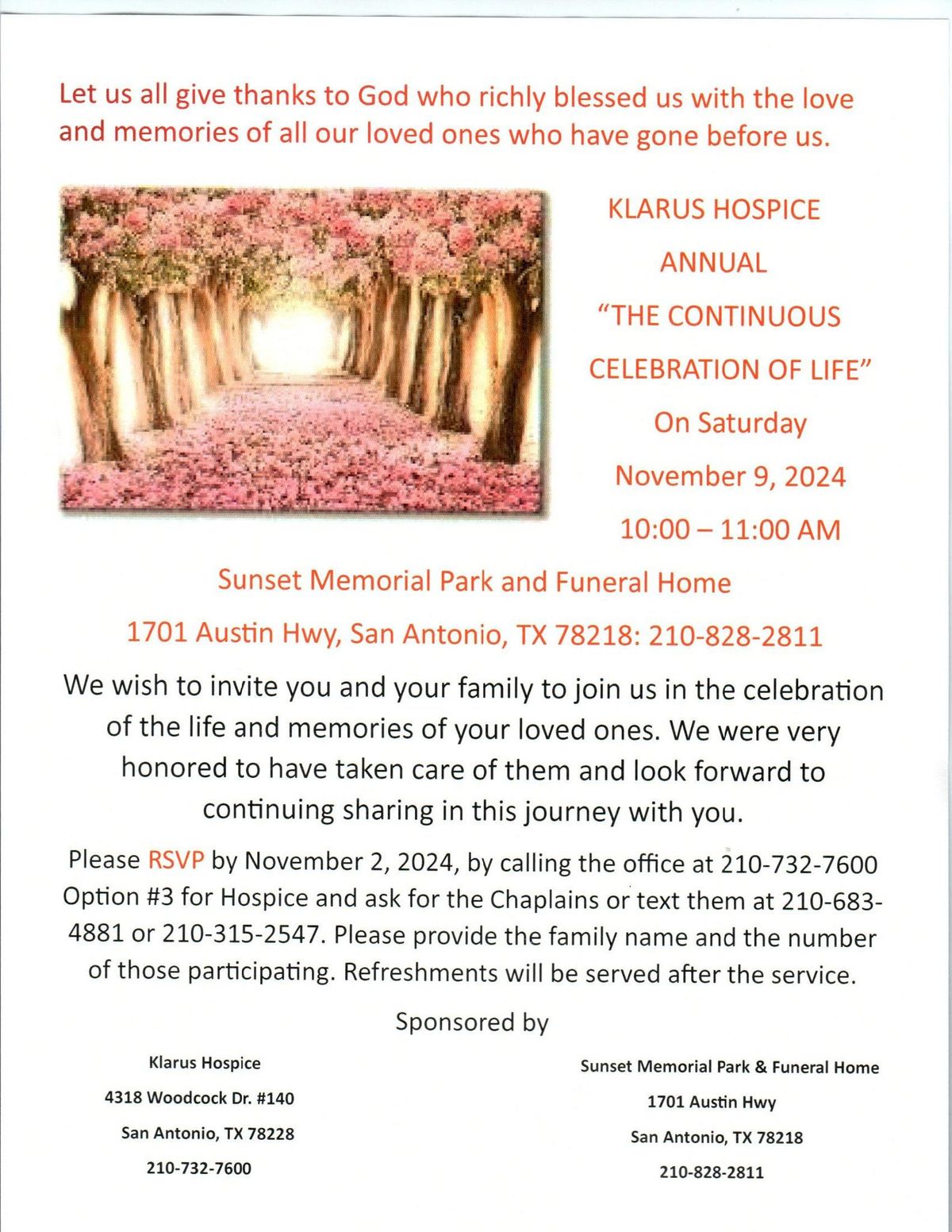 KLARUS HOSPICE  ANNUAL THE CONTINUOUS  CELEBRATION OF LIFE