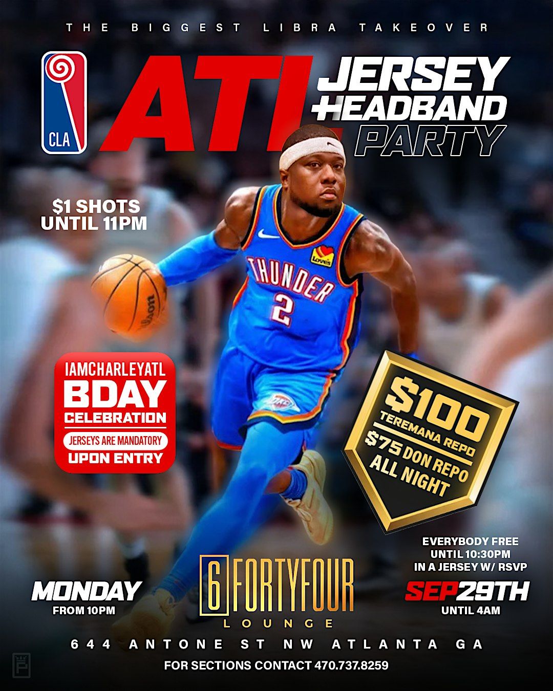 ATL JERSEY + HEADBANDS PARTY CHARLEY  B DAY BSSH MONDAY SEPT 29TH