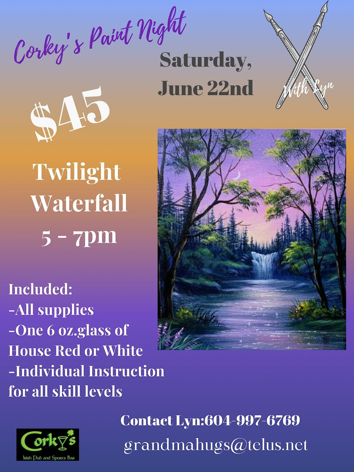 Twilight Waterfall Acrylic paint and sip event