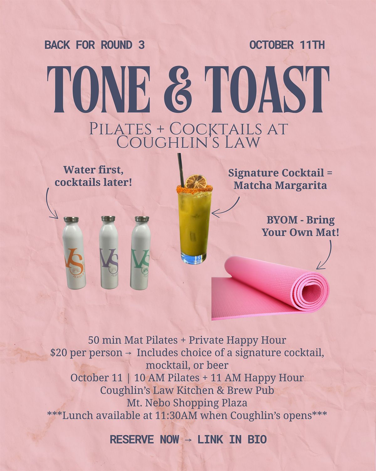 TONE & TOAST III: Pilates + Happy Hour at Coughlin\u2019s