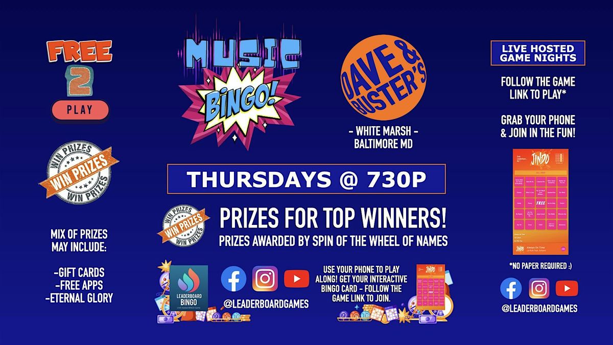 Music BINGO  | Dave & Buster's - White Marsh Baltimore MD - THUR 730p