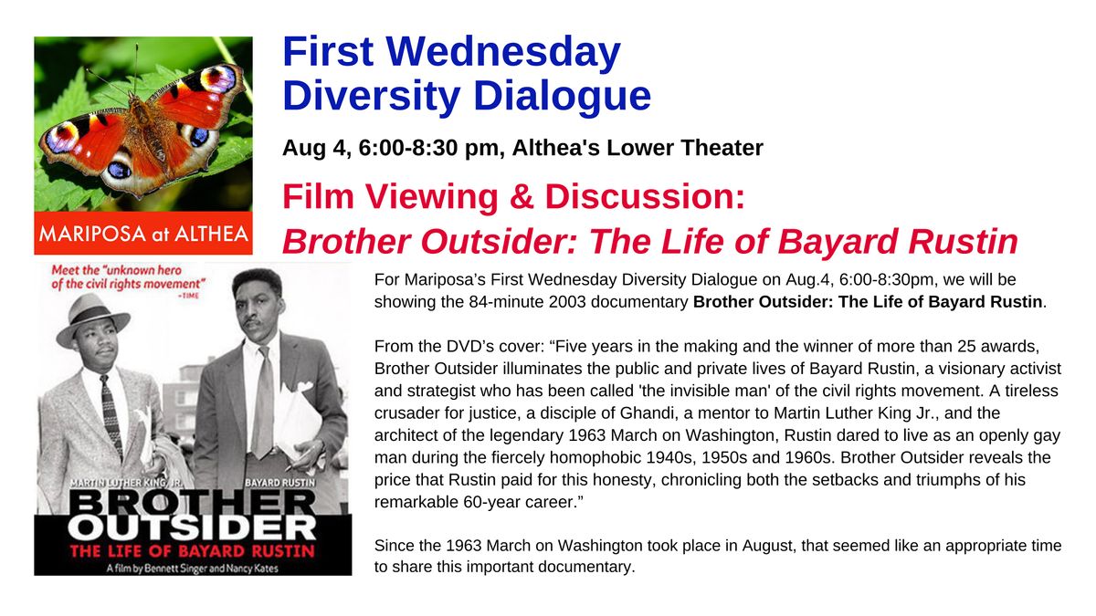 Mariposa's First Wednesday Diversity Dialogue on Aug 4th at Althea Center