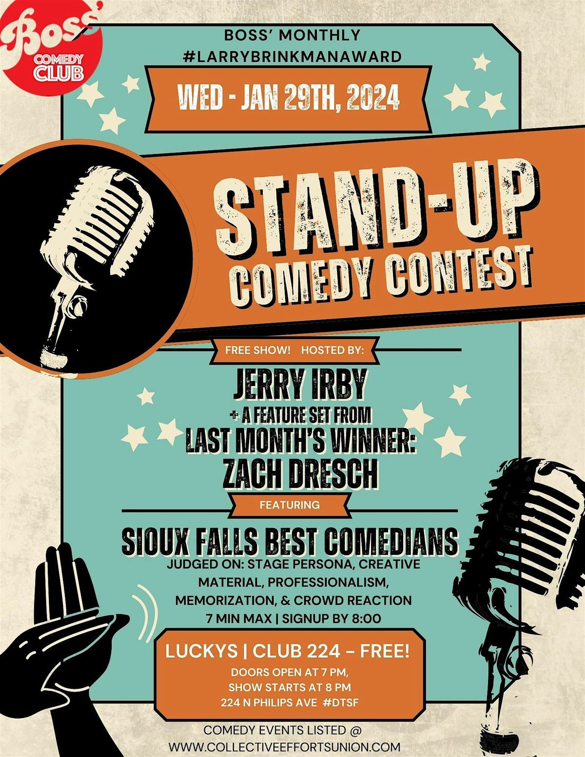 FREE SHOW! Monthly Sioux Falls Funniest Comic Contest #larrybrinkmanaward