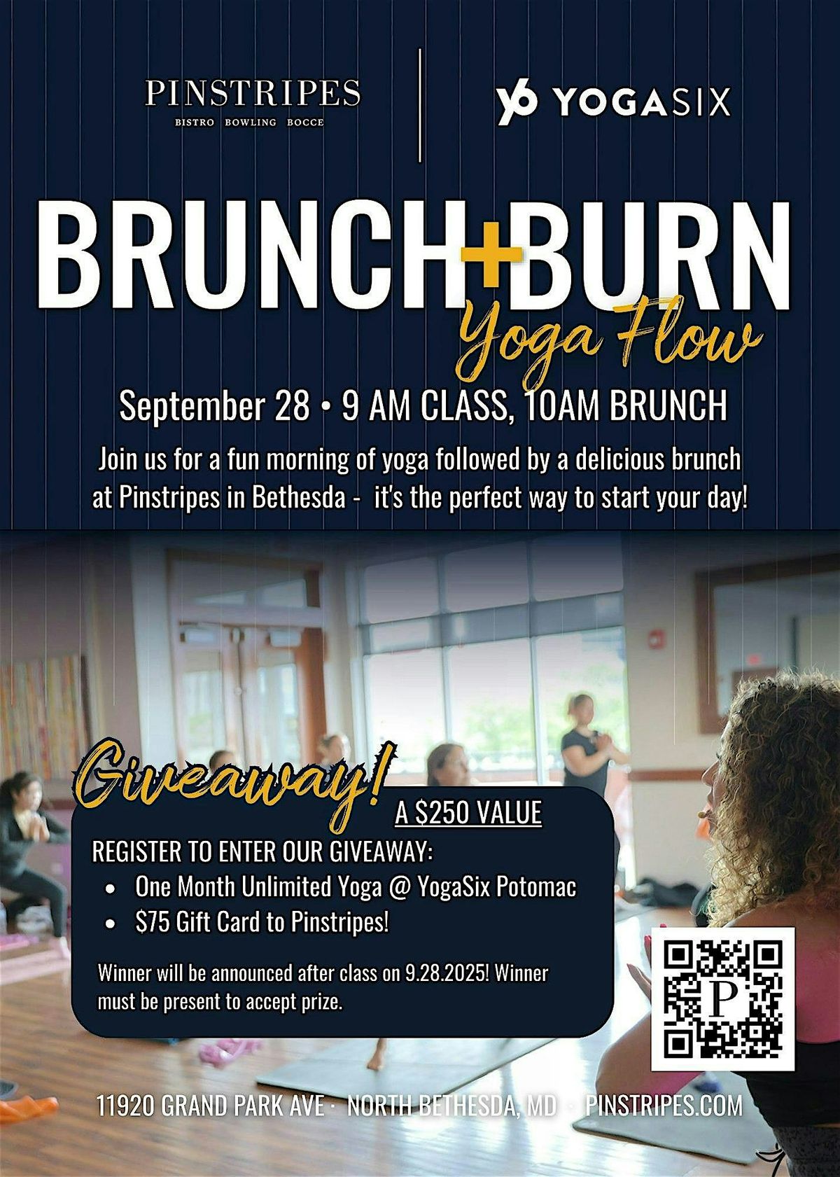 Brunch + Flow - YogaSix Potomac X Pinstripes - North Bethesda, MD