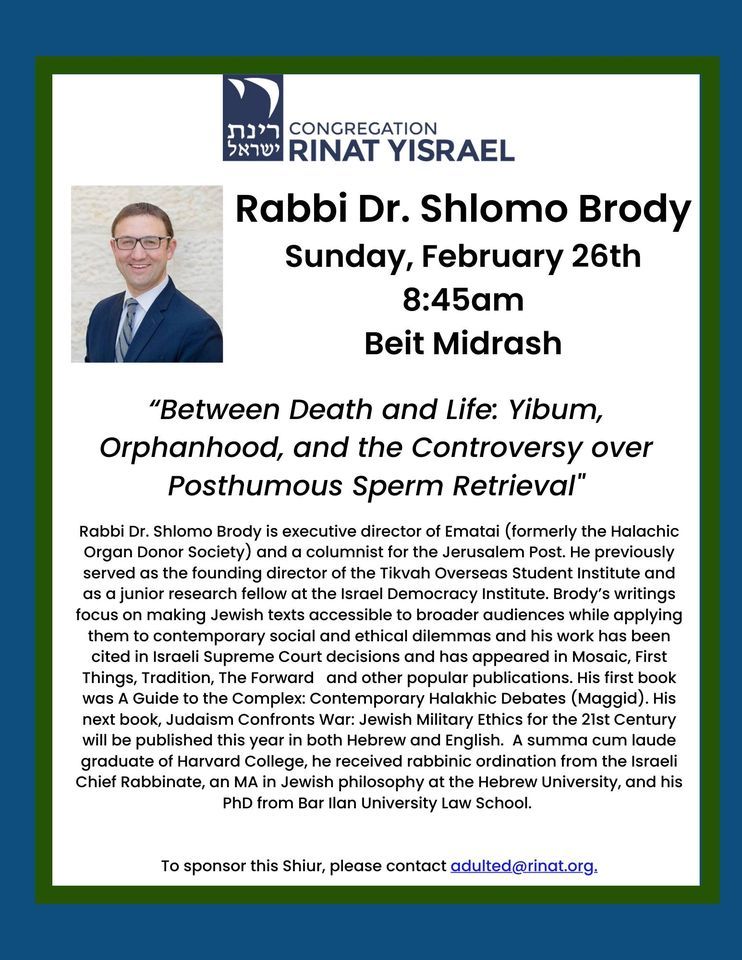 Rabbi Dr. Shlomo Brody, Congregation Rinat Yisrael, Teaneck, 26 ...