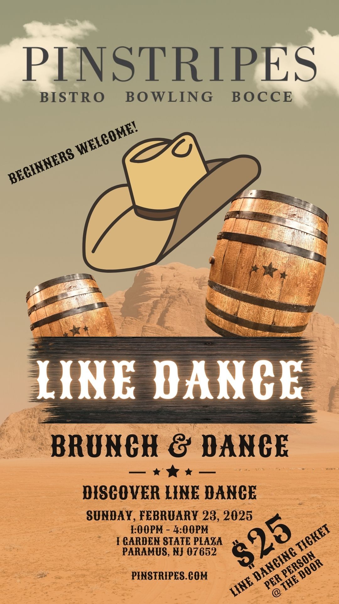 Brunch & Dance @ Pinstripes, Paramus NJ  (Brunch 11-1 PM) (Line Dancing 1-4 PM)