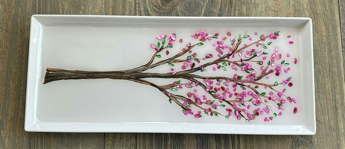 Cherry Blossom Crushed Glass & Resin Charcuterie Board  Art Sip Class