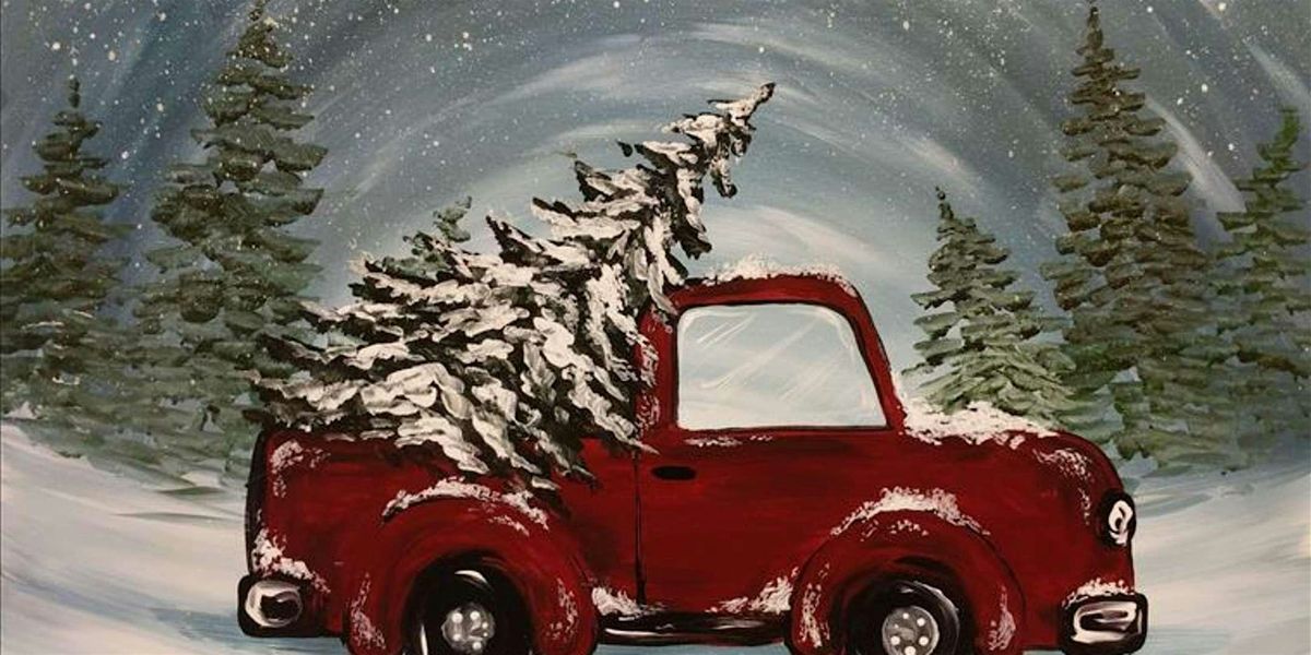 A Snow-Capped Vintage Red Pickup Truck - Paint and Sip by Classpop!\u2122