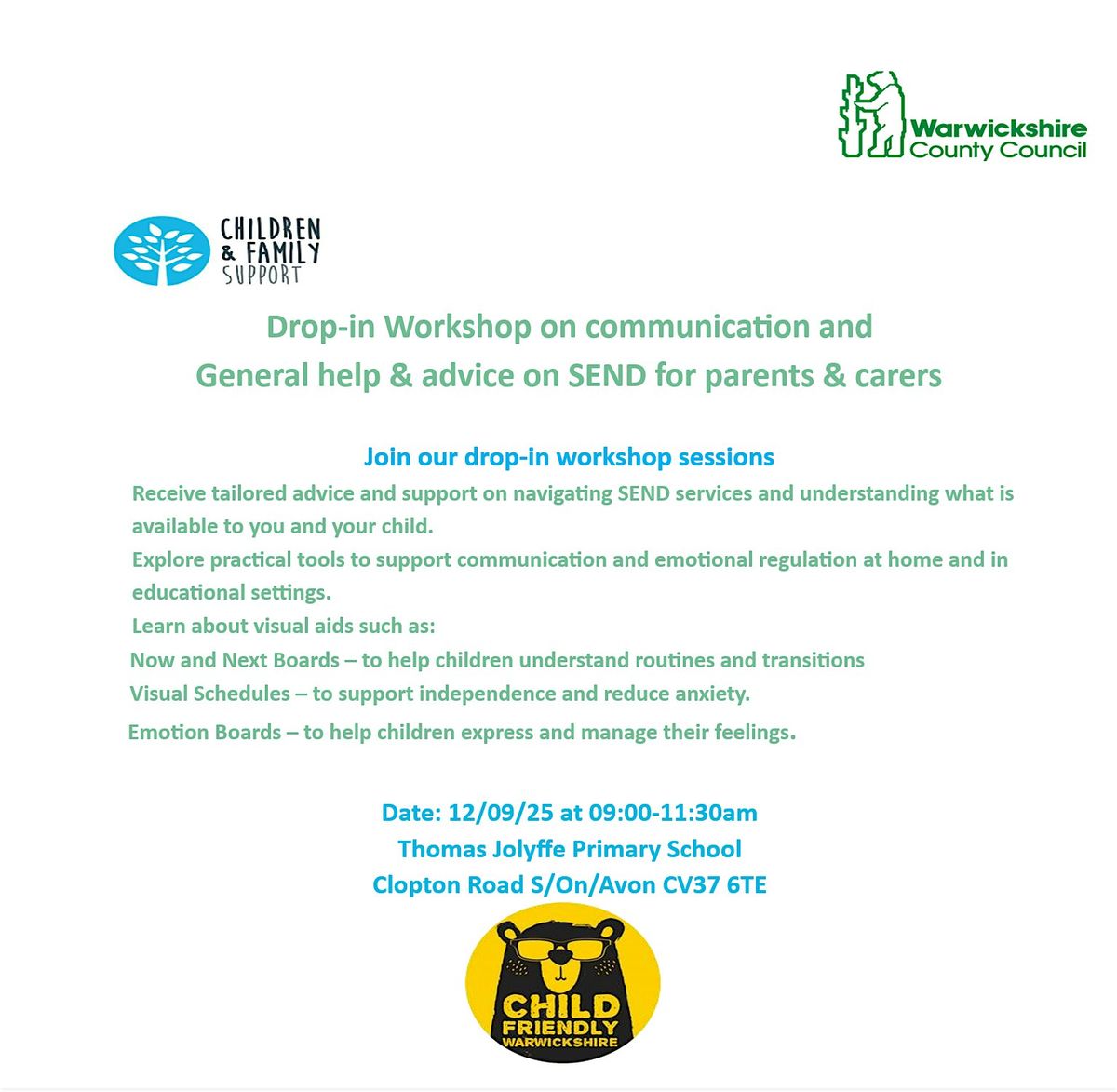 Drop-in Workshop on communication and         General help & advice on SEND