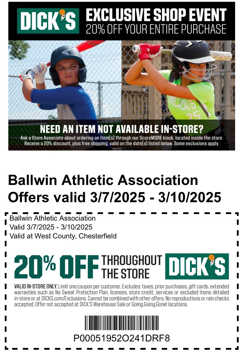 Ballwin Athelitic Association Dick\u2019s Exclusive Shopping Event. 