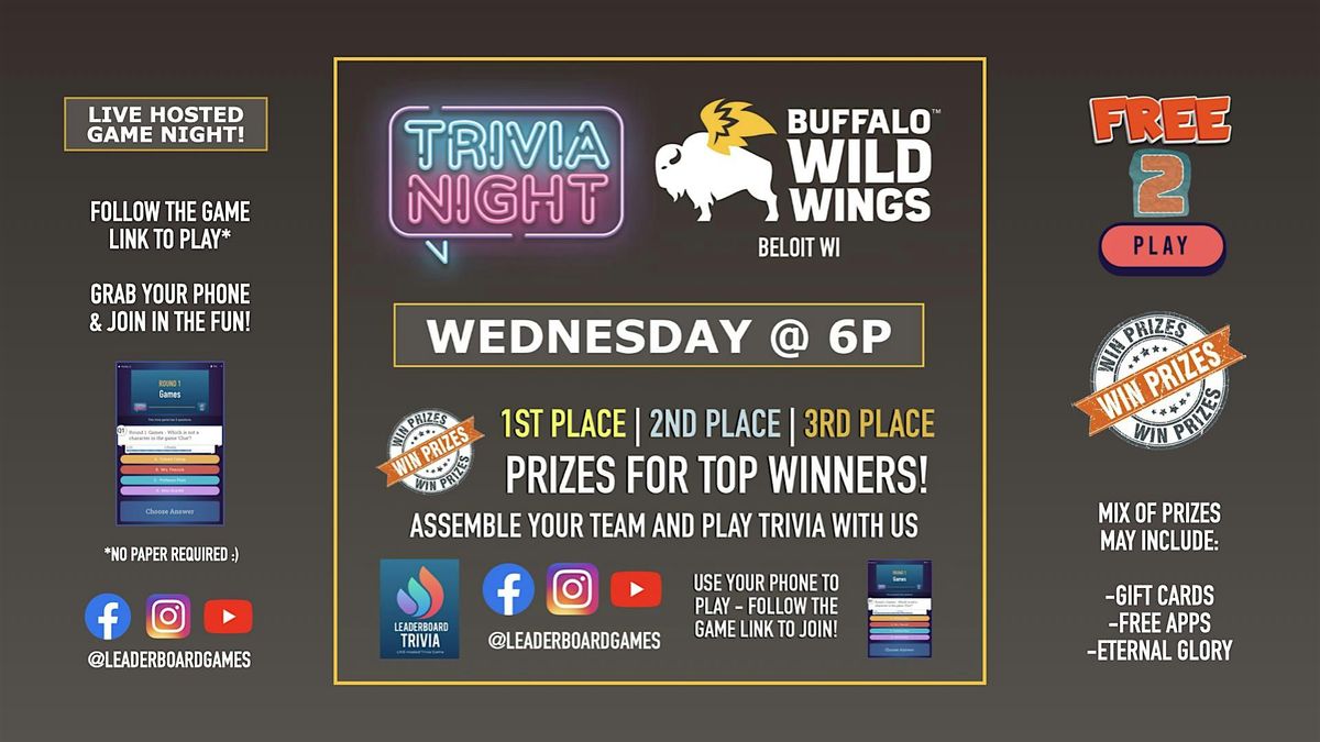 Trivia Night | Buffalo Wild Wings - Beloit WI - WED 6p @LeaderBoardGames