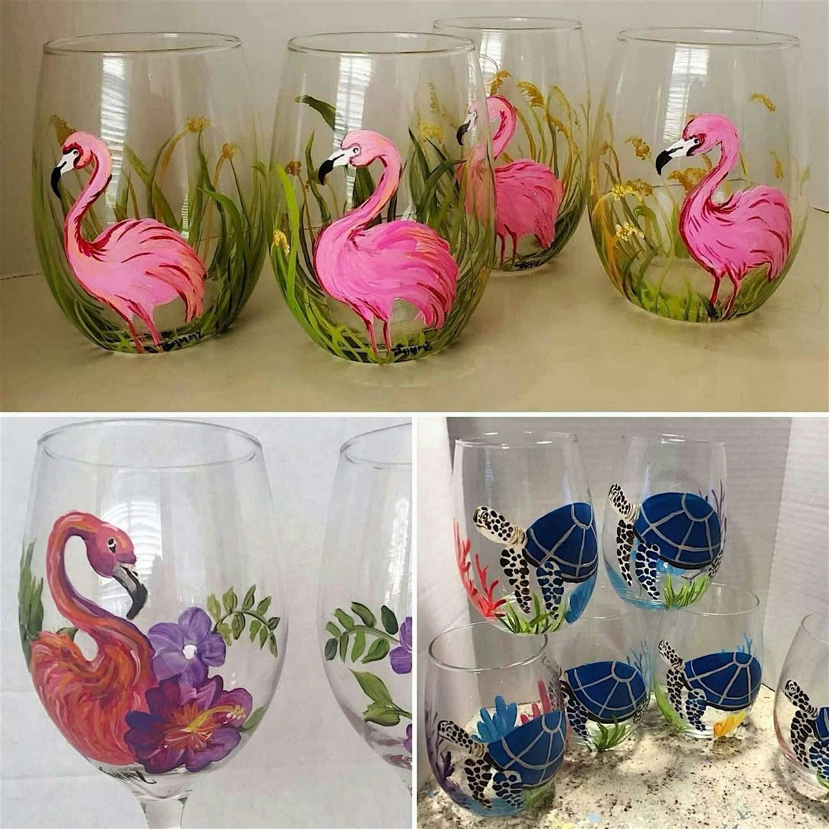 Flamingos & Turtles!  -  Wine Glass Painting Class (4)