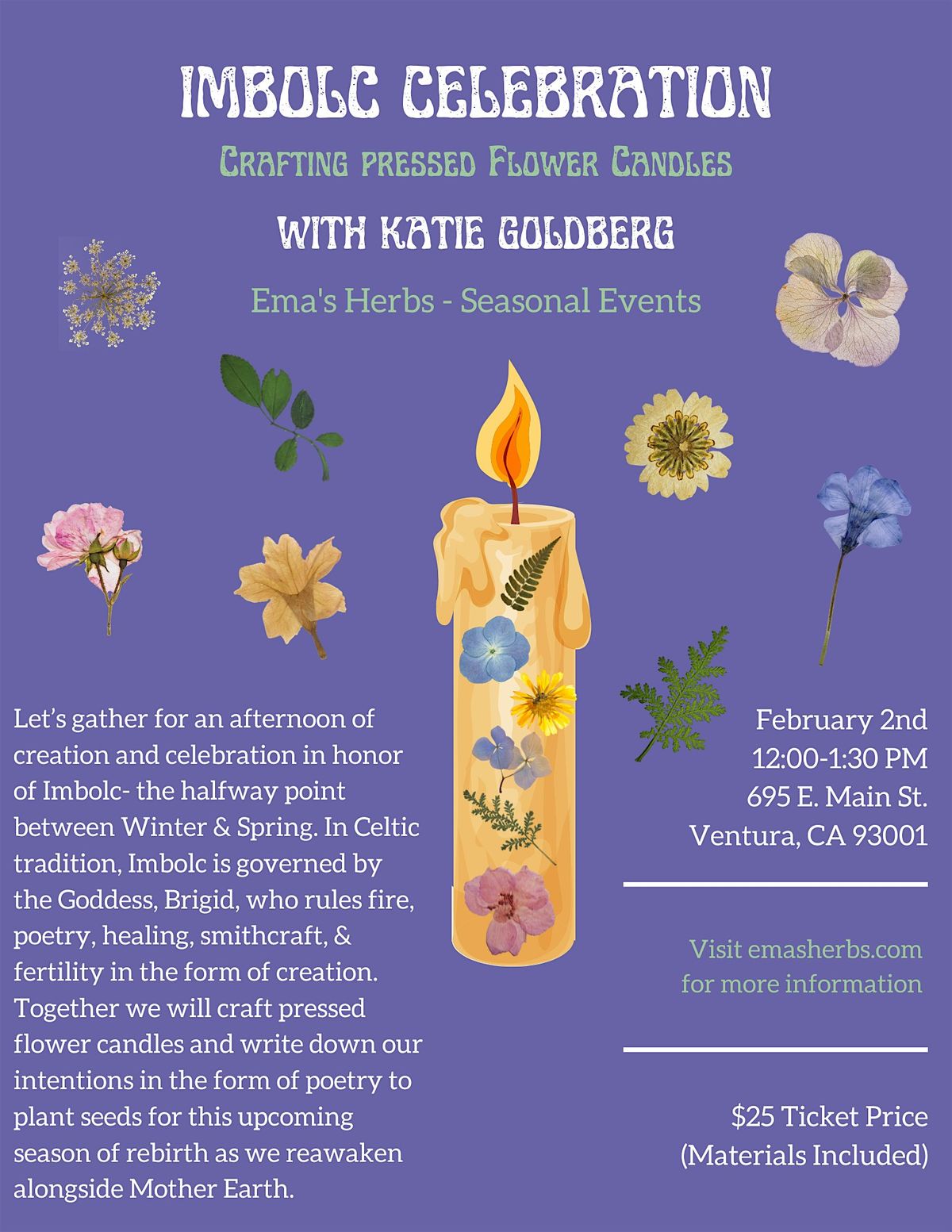 Imbolc Celebration: Crafting Pressed Flower Candles with Katie Goldberg