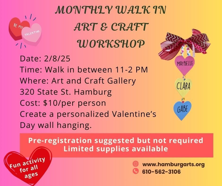 Monthly Walk In Art and Craft Workshop-Valentine's Day Wall Hanging