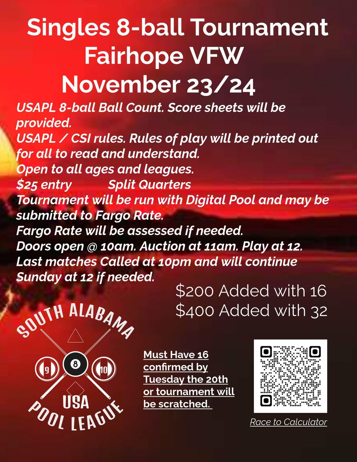 Open 8-ball USAPL Ball count Tournament 