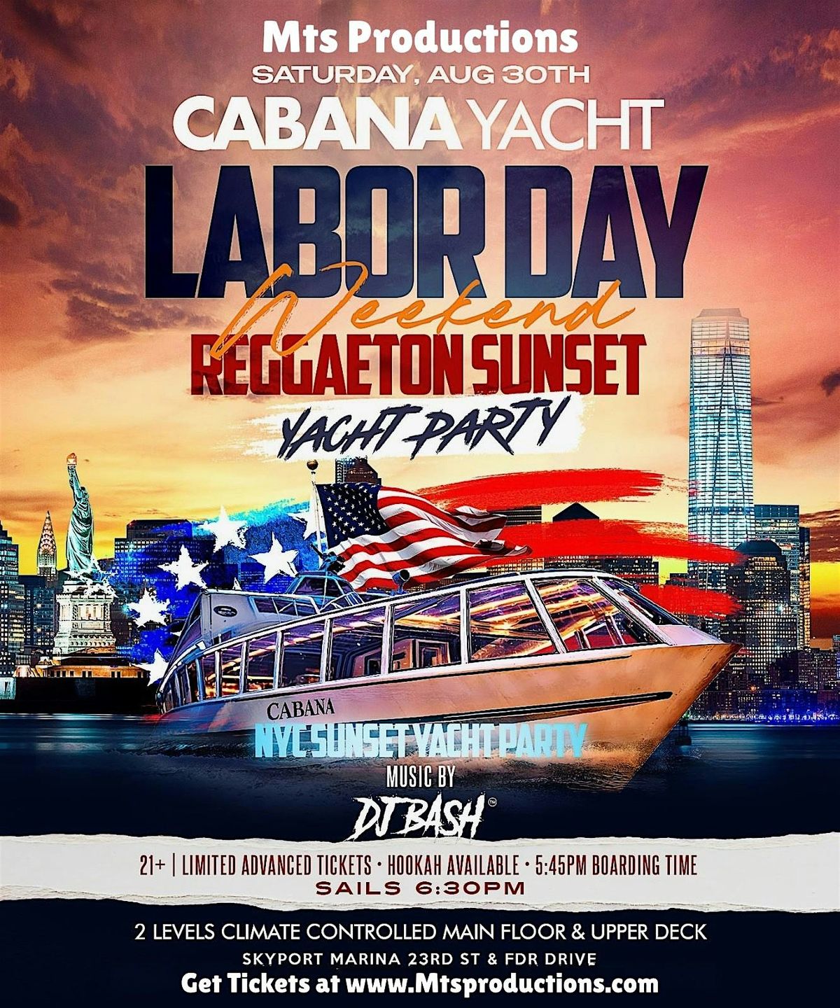 Labor Day Weekend Reggaeton Sunset Yacht Party NYC  August 30 Cabana Yacht