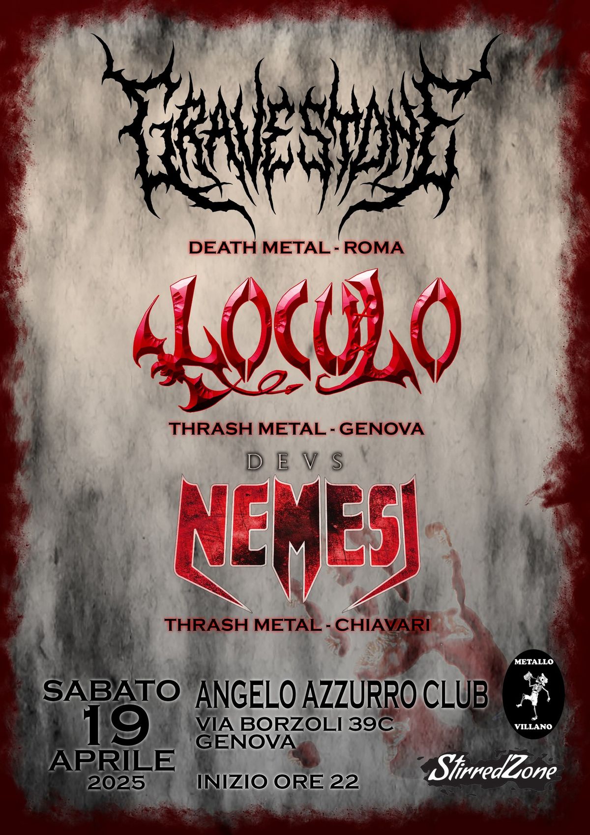 GRAVESTONE (Roma) + LOCULO + DEUS NEMESI @ Angelo Azzurro Club (Ge)