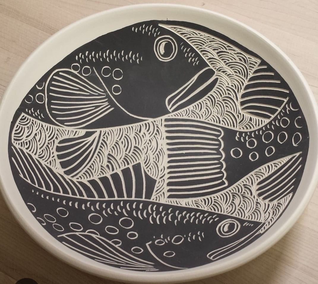 Pottery - Fish plate, sgraffito technique