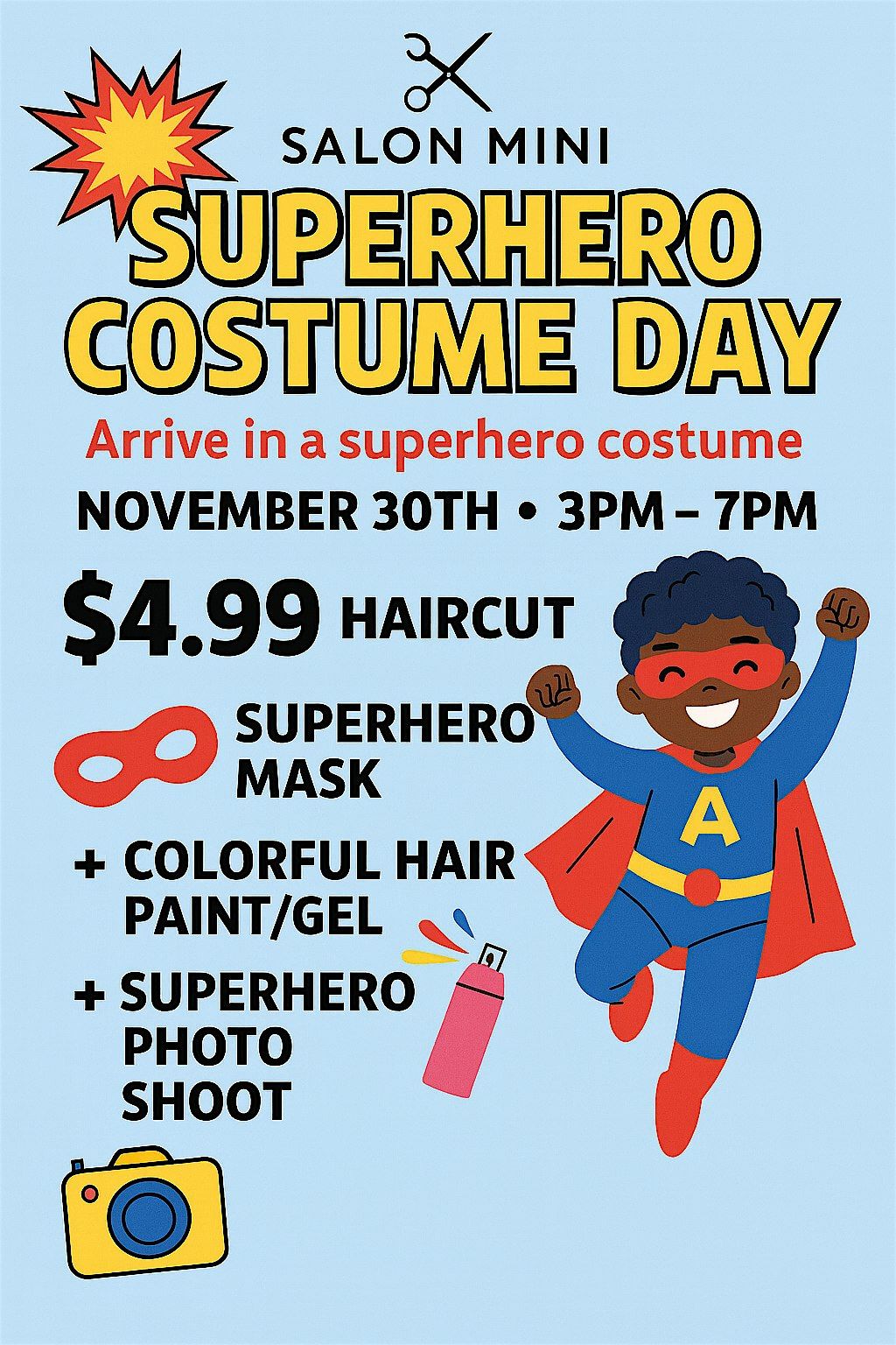 Salon Mini Superhero Costume Day \u2013 $4.99 Haircuts + Hero Fun!
