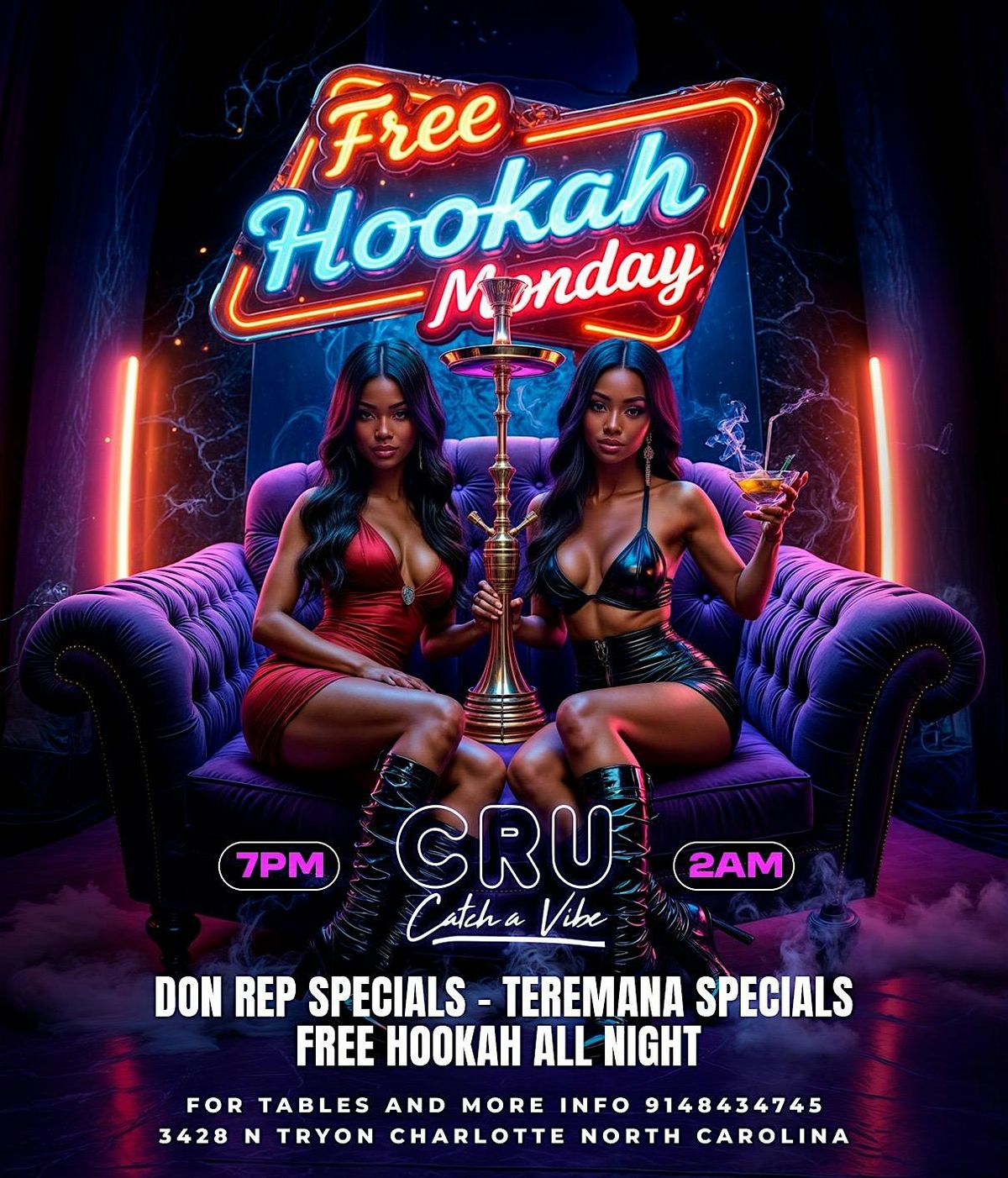 FREE HOOKAH MONDAY AT CRU ! $150 bottles $10 hookah! Free vip tables