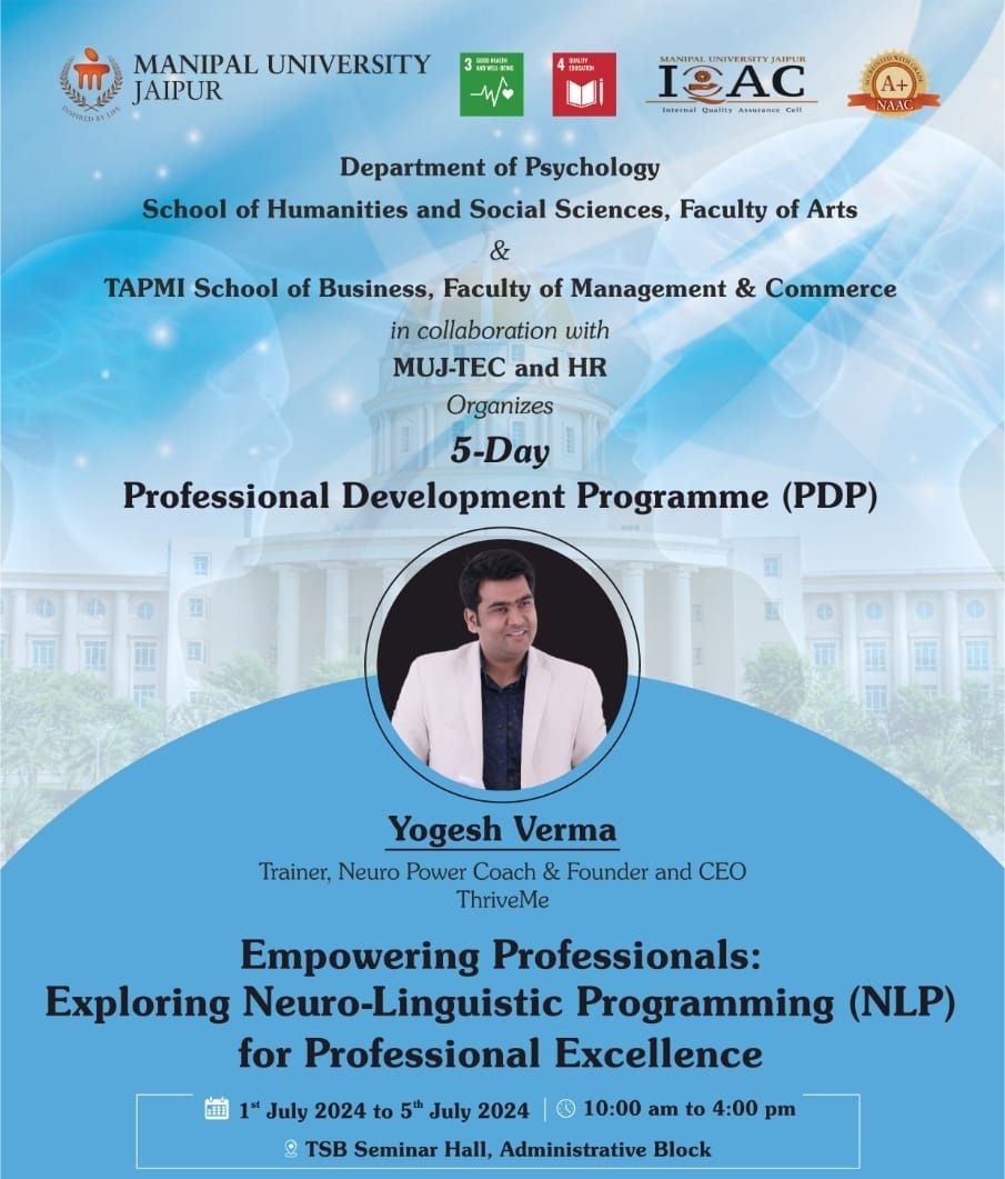 5 Day Professional Development Program - NLP CORE SKILLS at Manipal University Jaipur & TAPMI