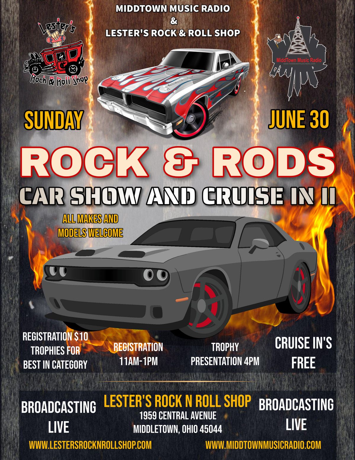 Middtown Music Radio & Lester's Rock & Roll Shop presents ROCK & RODS Car Show and Cruise In II