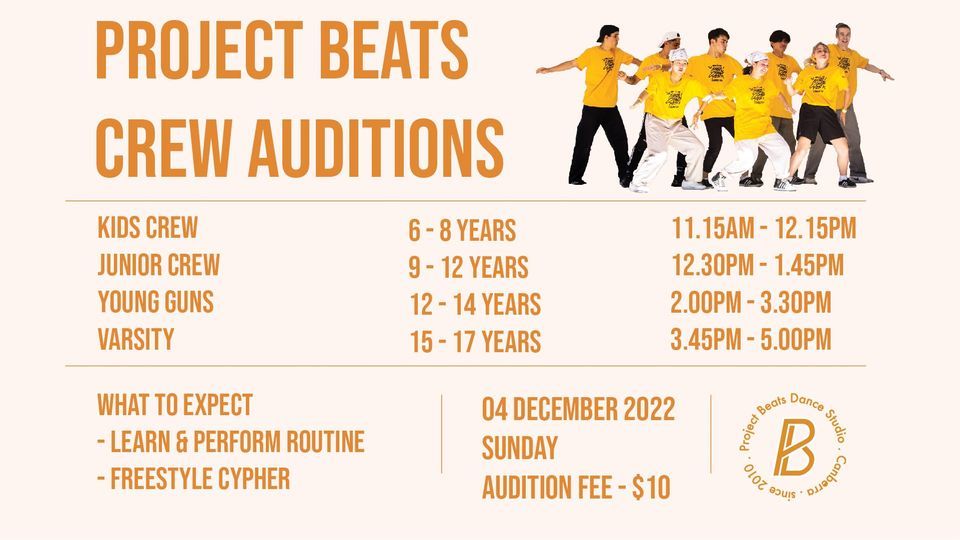 Crew Auditions for 2023, Project Beats Dance Studio, Canberra, 4 ...