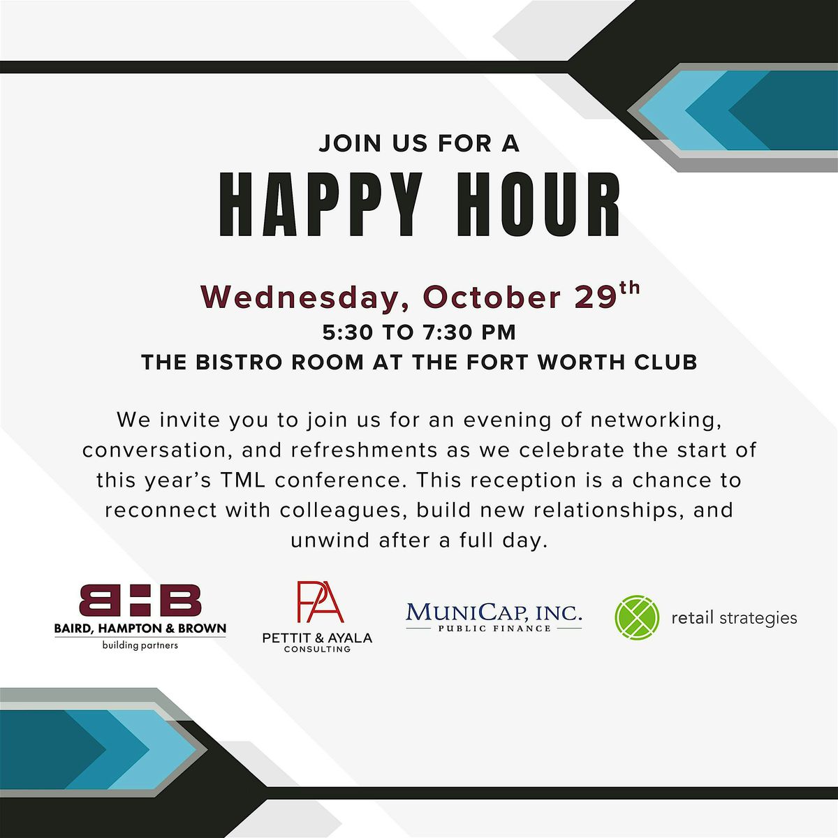 TML Happy Hour hosted by BHB, Pettit & Ayala, MuniCap, Retail Strategies
