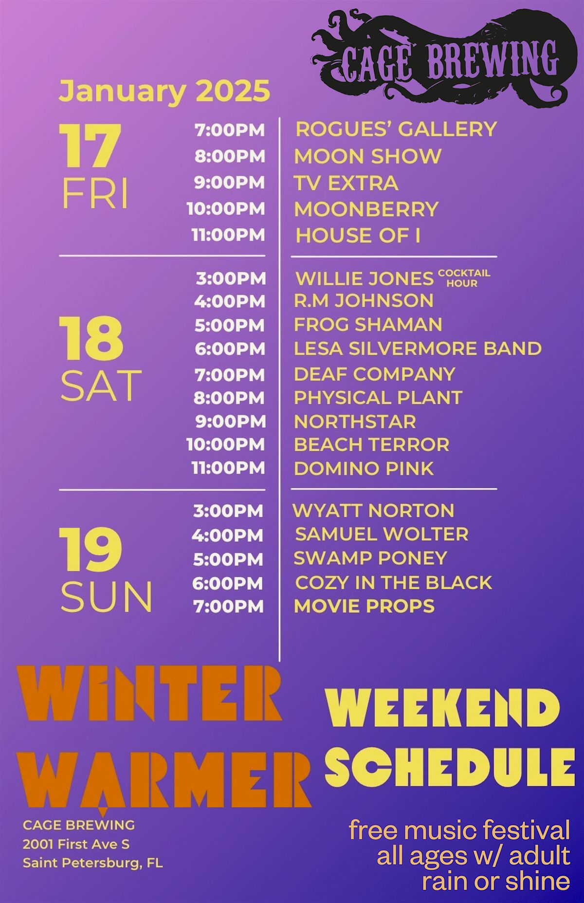 FREE MUSIC FEST: Winter Warmer 2025 | Cage Brewing | Jan 17-18-19