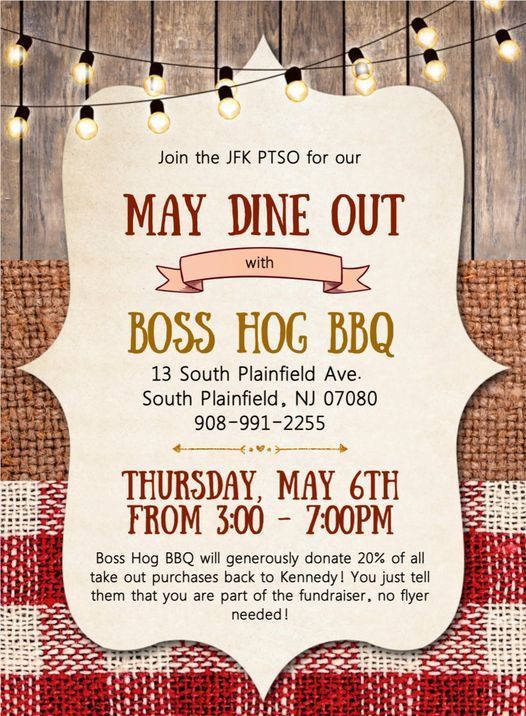 Jfk Ptso May Dine Out With Boss Hog q Boss Hog Barbecue Plainfield 6 May 21