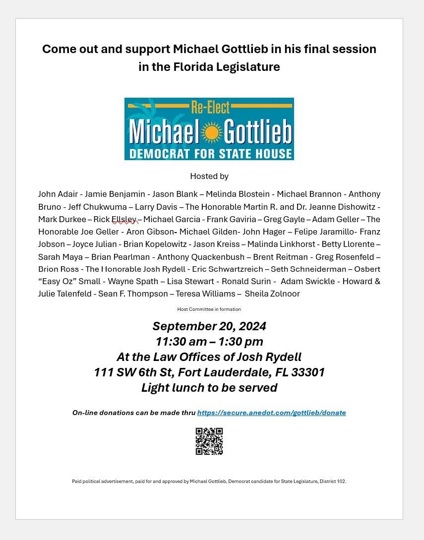 Downtown Fundraiser to re-elect Michael Gottlieb for State Representative