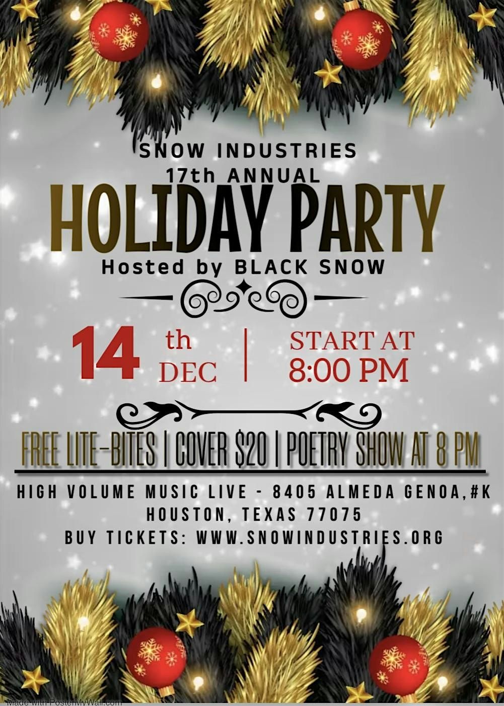 SNOW INDUSTRIES 17TH ANNUAL HOLIDAY PARTY & POETRY SHOW on SAT., DEC 14th