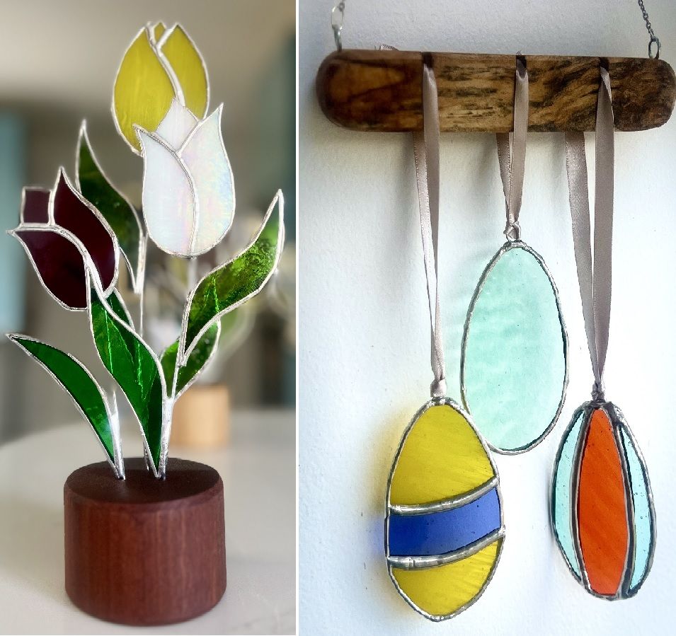 Make an arrangement of stained glass tulips or a cheerful stained glass Easter egg mobile 