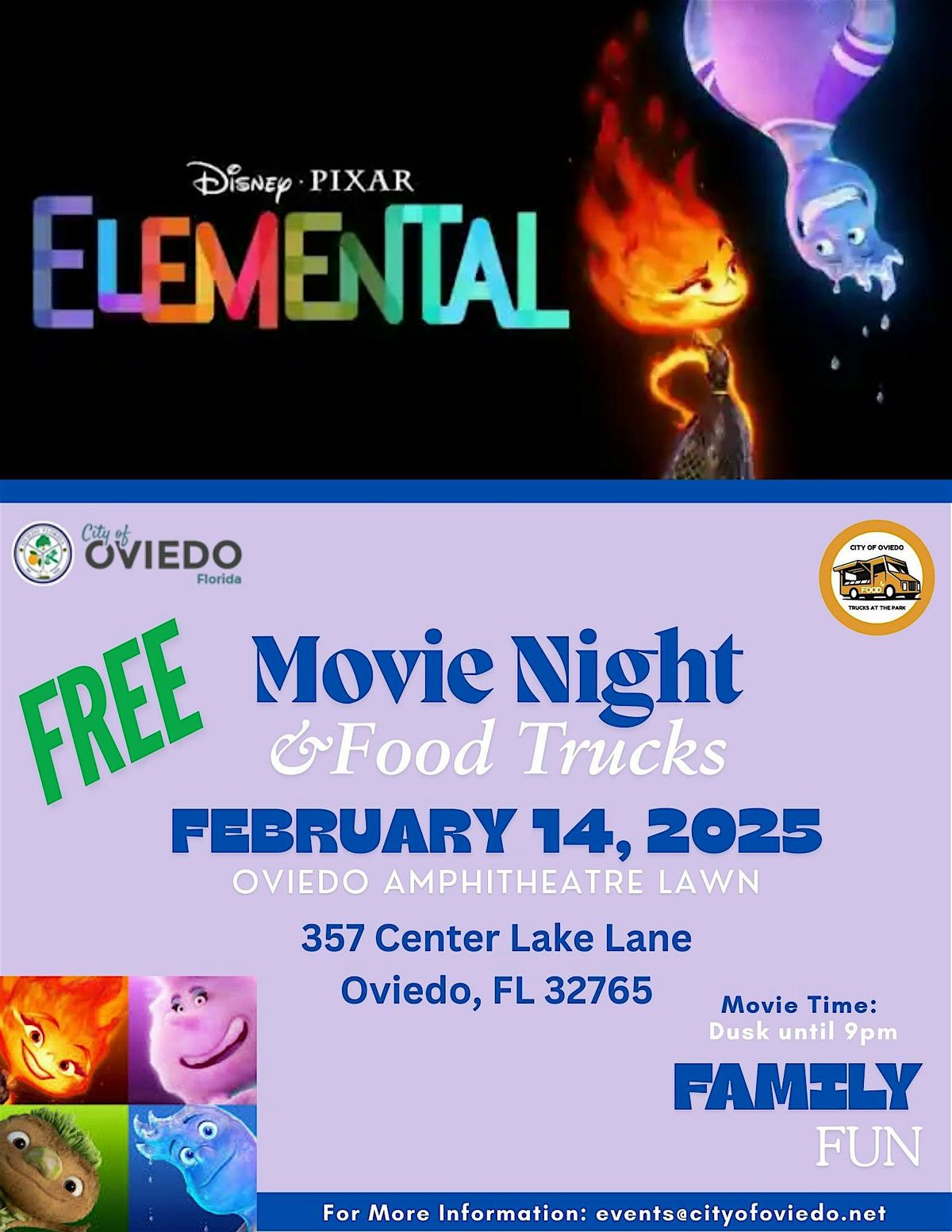 The City of Oviedo February 2025  Movie Night in The Park: Elemental