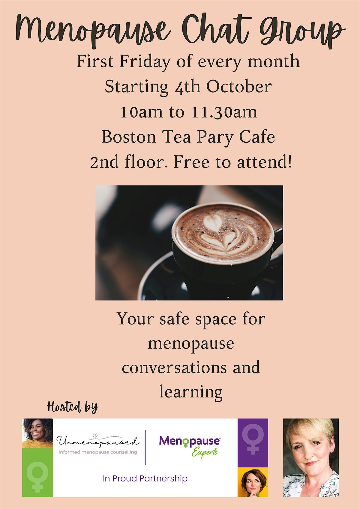 Monthly Menopause Chat Group.  Your safe space for menopause conversation