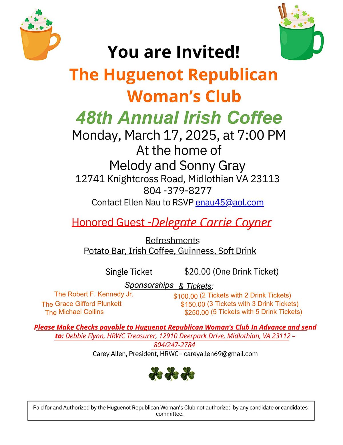 HRWC 48th Annual Irish Coffee with Del Carrie Coyner as special guest