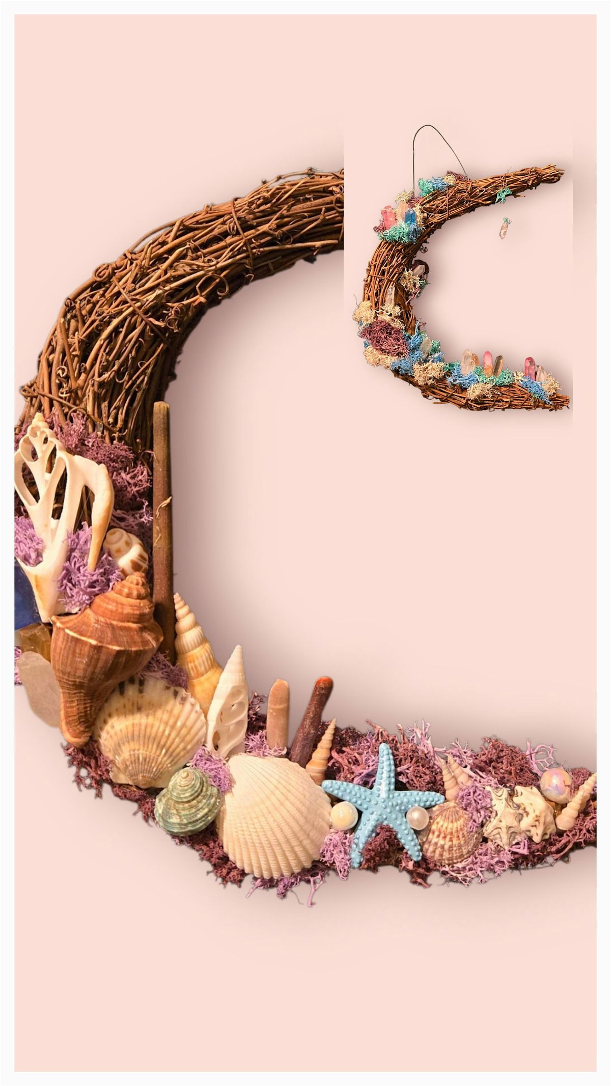 Mixed Media Crystal or Coastal Crescent Moon Grapevine Wreath Craft Class
