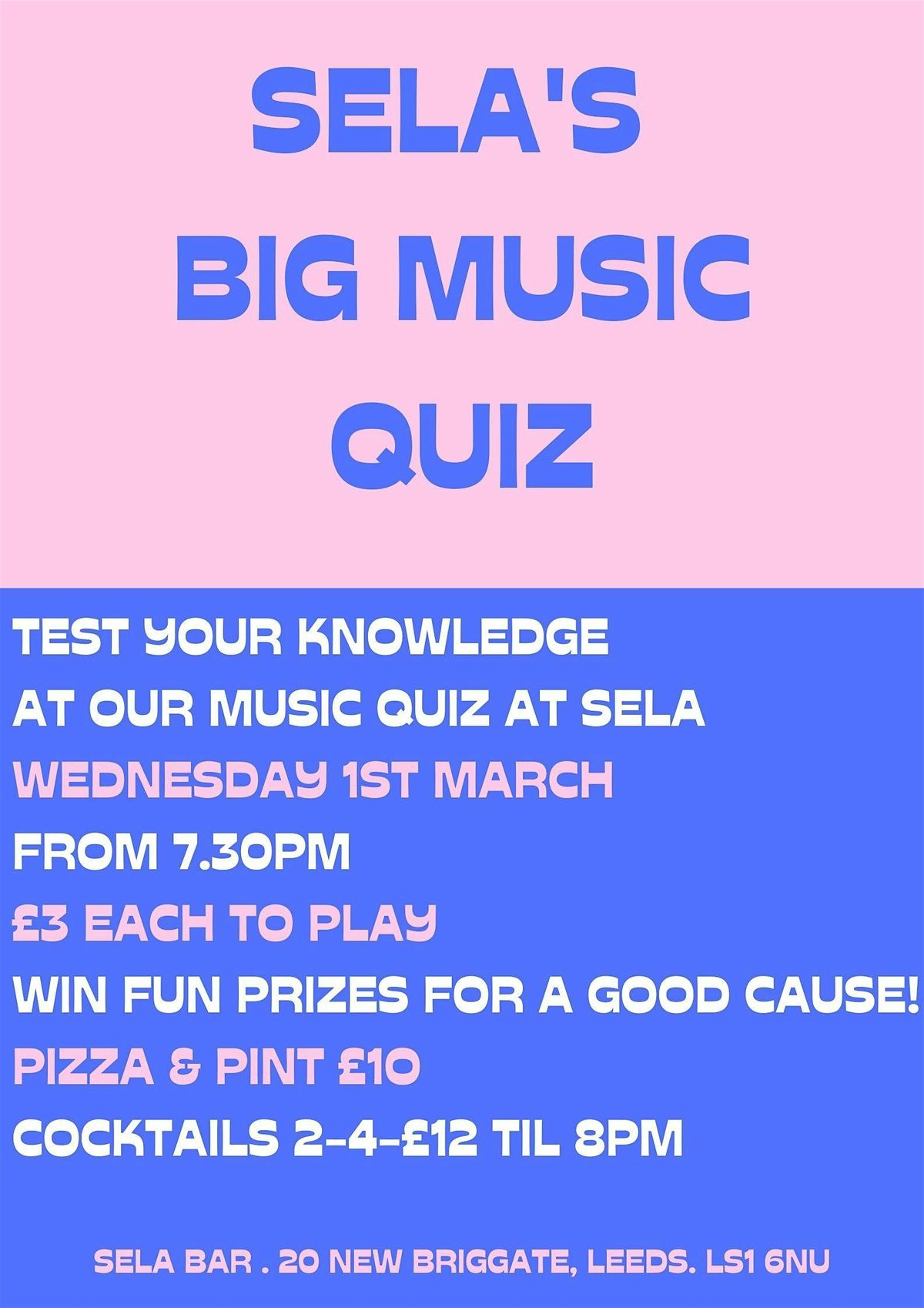 SELA'S BIG MUSIC QUIZ : Every 1st Wednesday  1st October