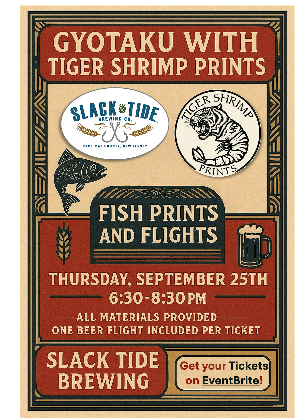 \u201cFish Prints & Flights\u201d @SlackTide Brewing w\/ Tiger Shrimp Prints