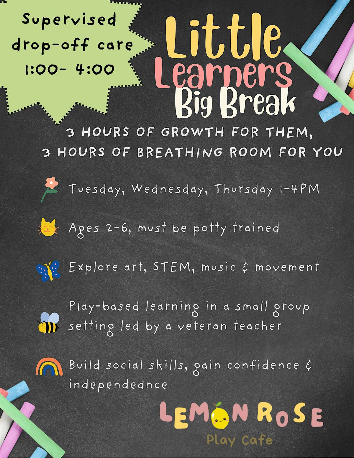Little Learners, Big Break (Drop-off care) 1-4pm