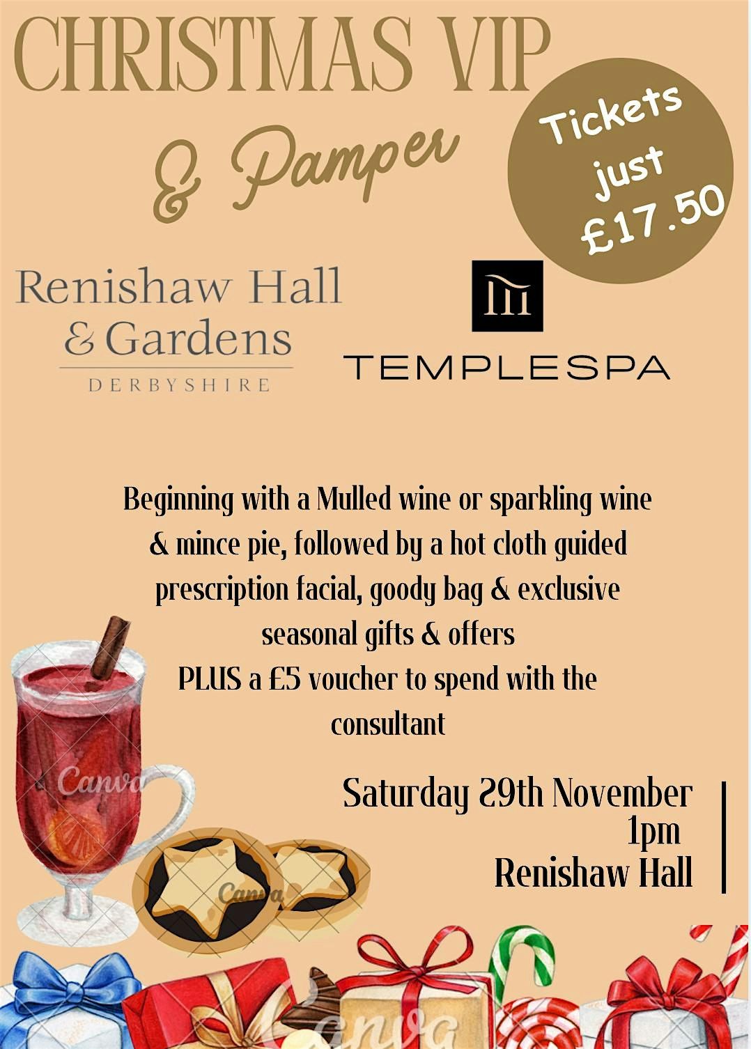 Renishaw Hall Christmas Prosecco & pamper Saturday  29th November