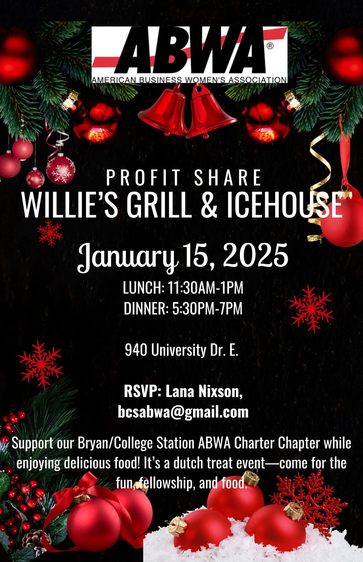 ABWA B\/CS Charter Chapter PROFIT SHARE @ Willie's Grill & Icehouse!