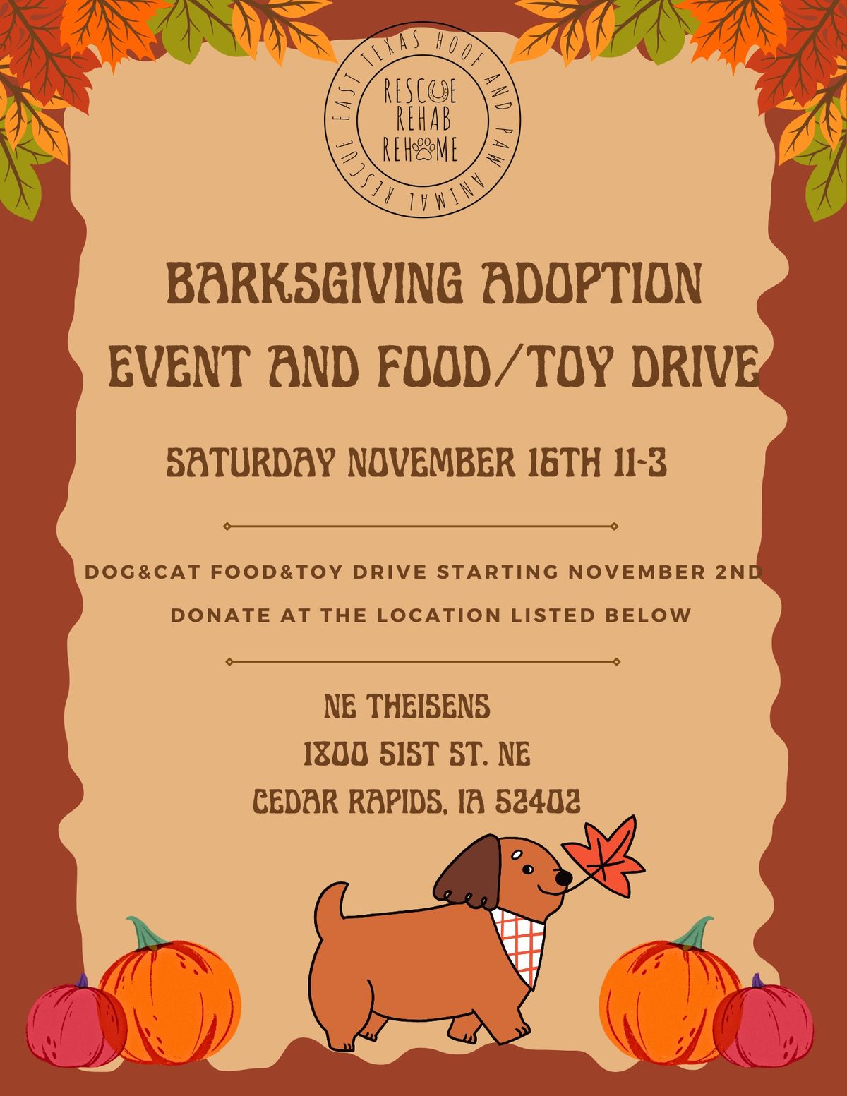 Barksgiving Adoption Event & Food\/toy Drive @ NE Theisen\u2019s